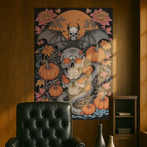 ハロウィン スカル カボチャ コウモリ 蛇 タペストリー 和風 和柄 入れ墨風 浮世絵風 インテリア 大きい 撮影背景 壁掛け 大判 長方形 壁布 オレンジ 白 グレー