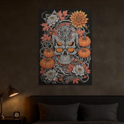 ハロウィン スカル カボチャ 花 蜘蛛の巣 タペストリー 和風 和柄 入れ墨風 浮世絵風 インテリア 大きい 撮影背景 壁掛け 大判 長方形 壁布 黒 オレンジ 白