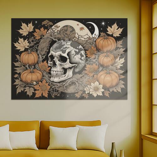 ハロウィン カボチャ スカル 月 秋 タペストリー 和風 和柄 入れ墨風 浮世絵風 インテリア 大きい 撮影背景 壁掛け 大判 長方形 壁布 黒 白 グレー