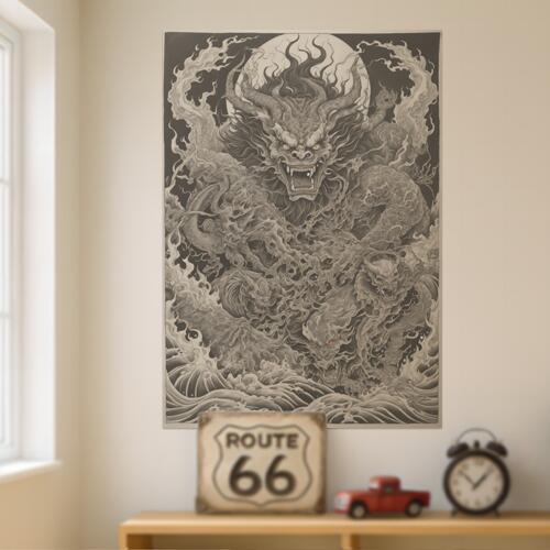 龍 竜 水 波 月 タペストリー 和風 和柄 入れ墨風 浮世絵風 ハロウィン インテリア 大きい 撮影背景 壁掛け 大判 長方形 壁布 黒 白 グレー