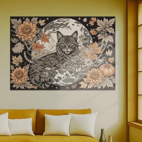猫 月 花 カボチャ 葉 タペストリー 和風 和柄 入れ墨風 浮世絵風 ハロウィン インテリア 大きい 撮影..