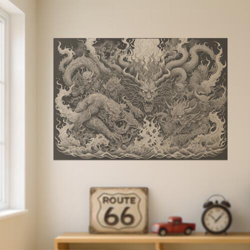 龍 鬼 妖怪 炎 水 タペストリー 和風 和柄 入れ墨風 浮世絵風 ハロウィン インテリア 大きい 撮影背景 ..