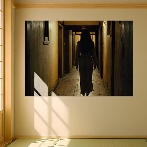 廊下 女性 ホラー 幽霊 暗い 防犯 タペストリー ハロウィン インテリア 大きい 撮影背景 壁掛け 大判 長方形 壁布 黄色 ベージュ 黒