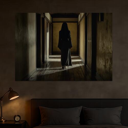 廊下 女性 着物 日本家屋 ホラー 防犯 タペストリー ハロウィン インテリア 大きい 撮影背景 壁掛け 大判 長方形 壁布 ベージュ 黒 グレー