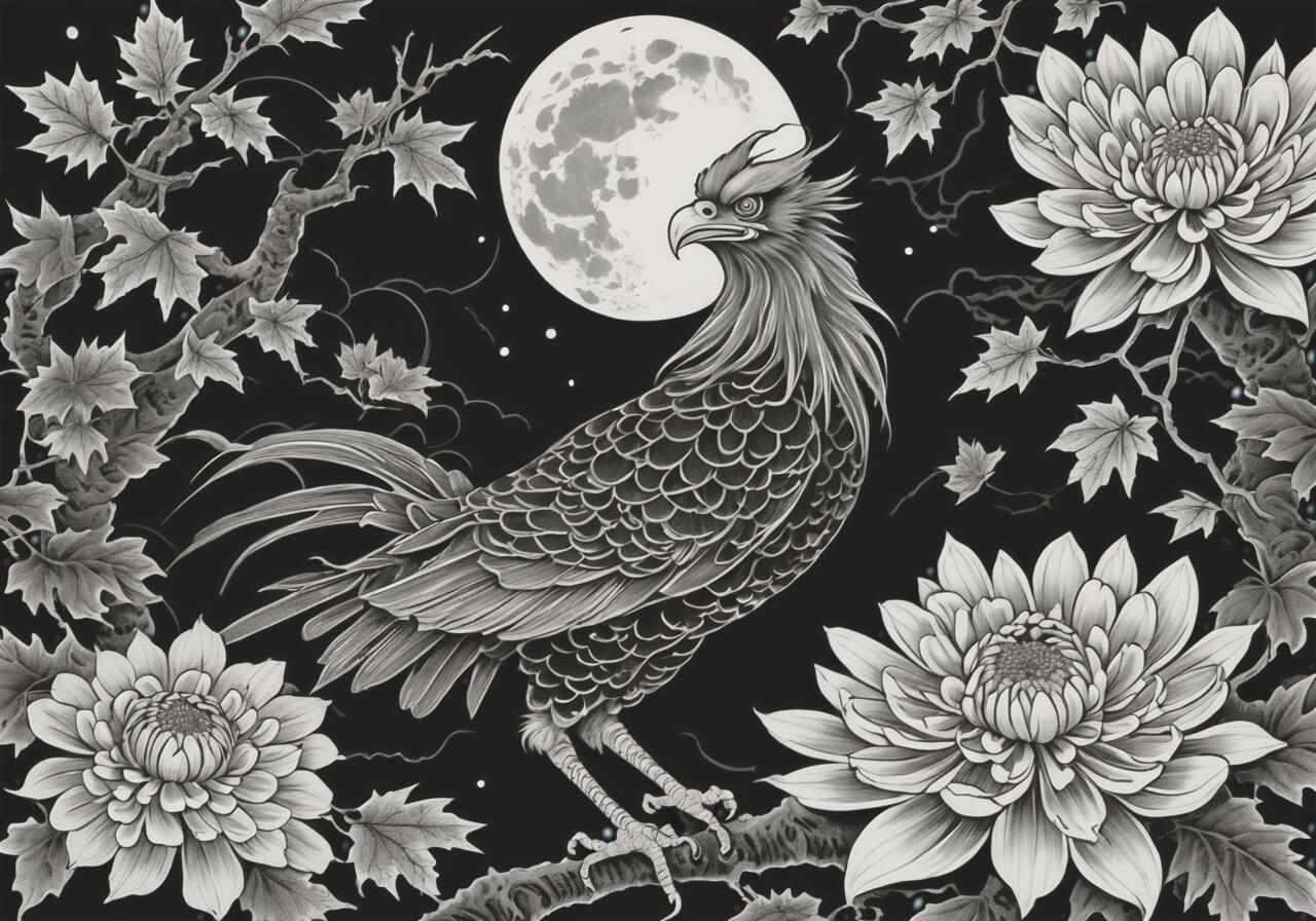 鳳凰 月 菊 木 夜 タペストリー 和風 和柄 入れ墨風 浮世絵風 ハロウィン インテリア 大きい 撮影背景 壁掛け 大判 長方形 壁布 白 黒 グレー