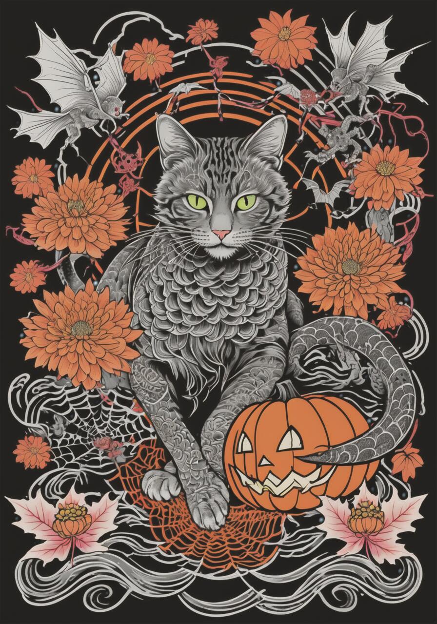 猫 ハロウィン カボチャ 花 コウモリ タペストリー 和風 和柄 入れ墨風 浮世絵風 インテリア 大きい 撮..