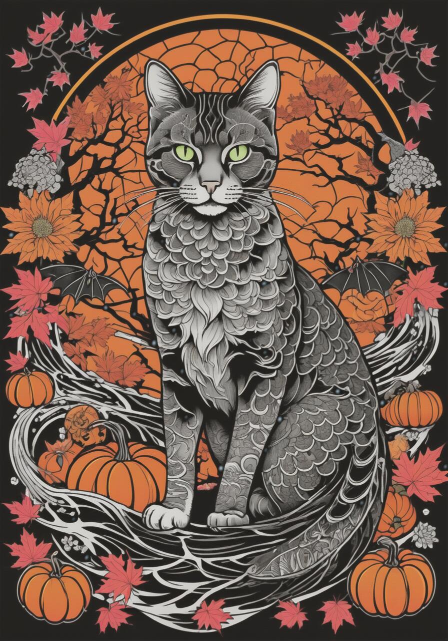 猫 ネコ ハロウィン 秋 カボチャ タペストリー 和風 和柄 入れ墨風 浮世絵風 インテリア 大きい 撮影背景 壁掛け 大判 長方形 壁布 黒 オレンジ グレー