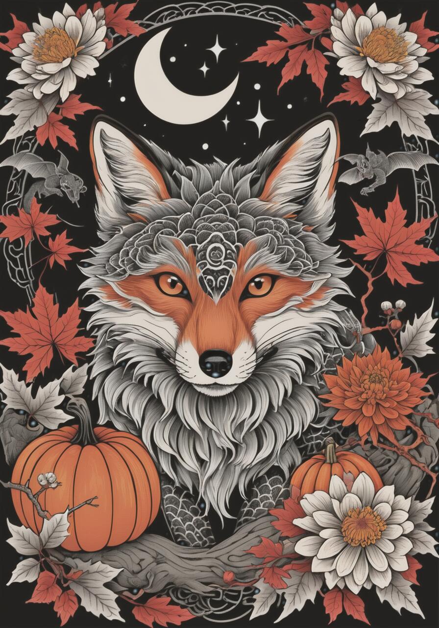 狐 キツネ 月 カボチャ 花 タペストリー 和風 和柄 入れ墨風 浮世絵風 ハロウィン インテリア 大きい 撮影背景 壁掛け 大判 長方形 壁布 黒 オレンジ 白