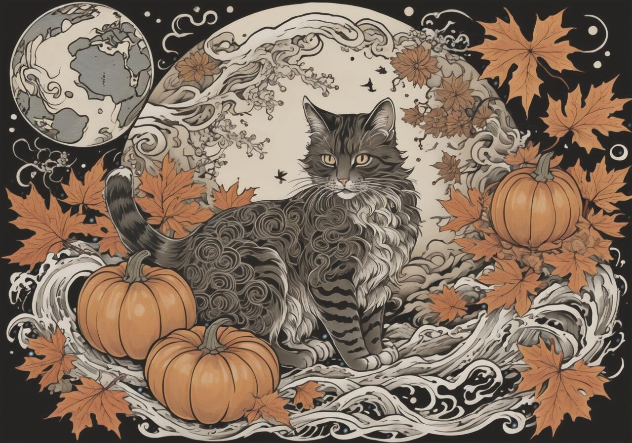 猫 カボチャ 月 紅葉 秋 タペストリー 和風 和柄 入れ墨風 浮世絵風 ハロウィン インテリア 大きい 撮影背景 壁掛け 大判 長方形 壁布 グレー オレンジ ベージュ