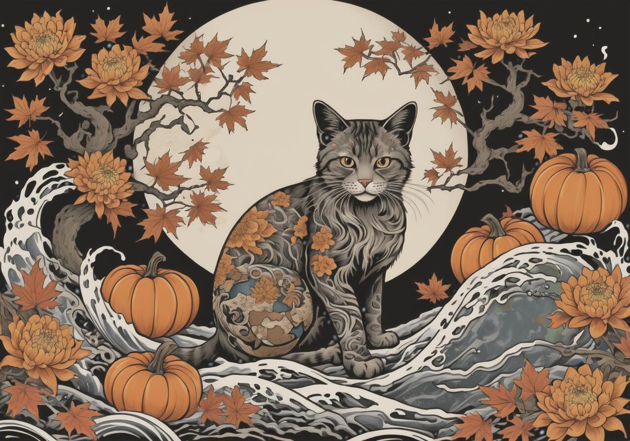 猫 月 カボチャ 菊 紅葉 タペストリー 和風 和柄 入れ墨風 浮世絵風 ハロウィン インテリア 大きい 撮影背景 壁掛け 大判 長方形 壁布 黒 オレンジ ベージュ