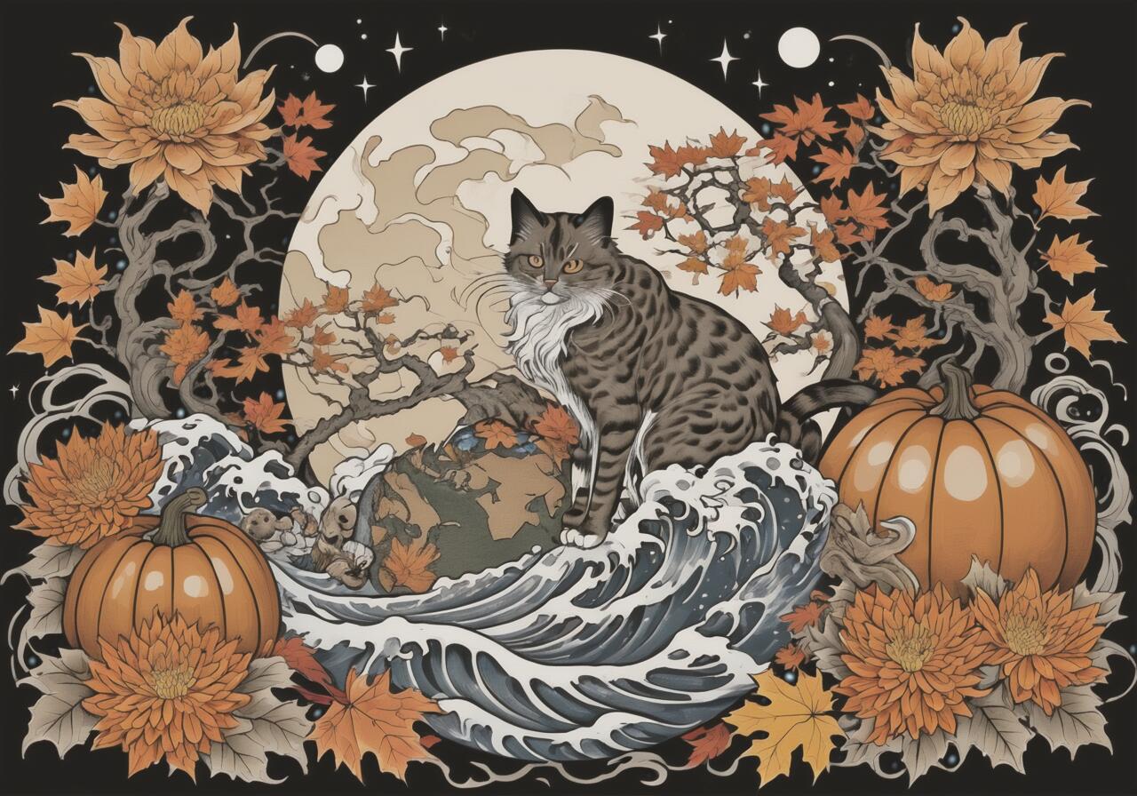 猫 月 波 菊 カボチャ タペストリー 和風 和柄 入れ墨風 浮世絵風 ハロウィン インテリア 大きい 撮影..
