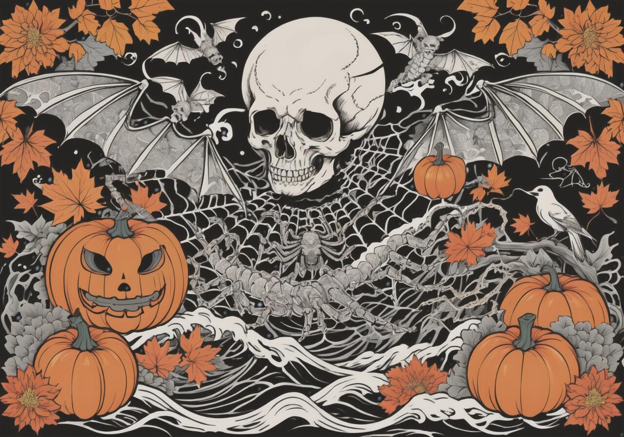 ハロウィン カボチャ 骸骨 コウモリ 蜘蛛 タペストリー 和風 和柄 入れ墨風 浮世絵風 インテリア 大きい 撮影背景 壁掛け 大判 長方形 壁布 オレンジ 白 黒