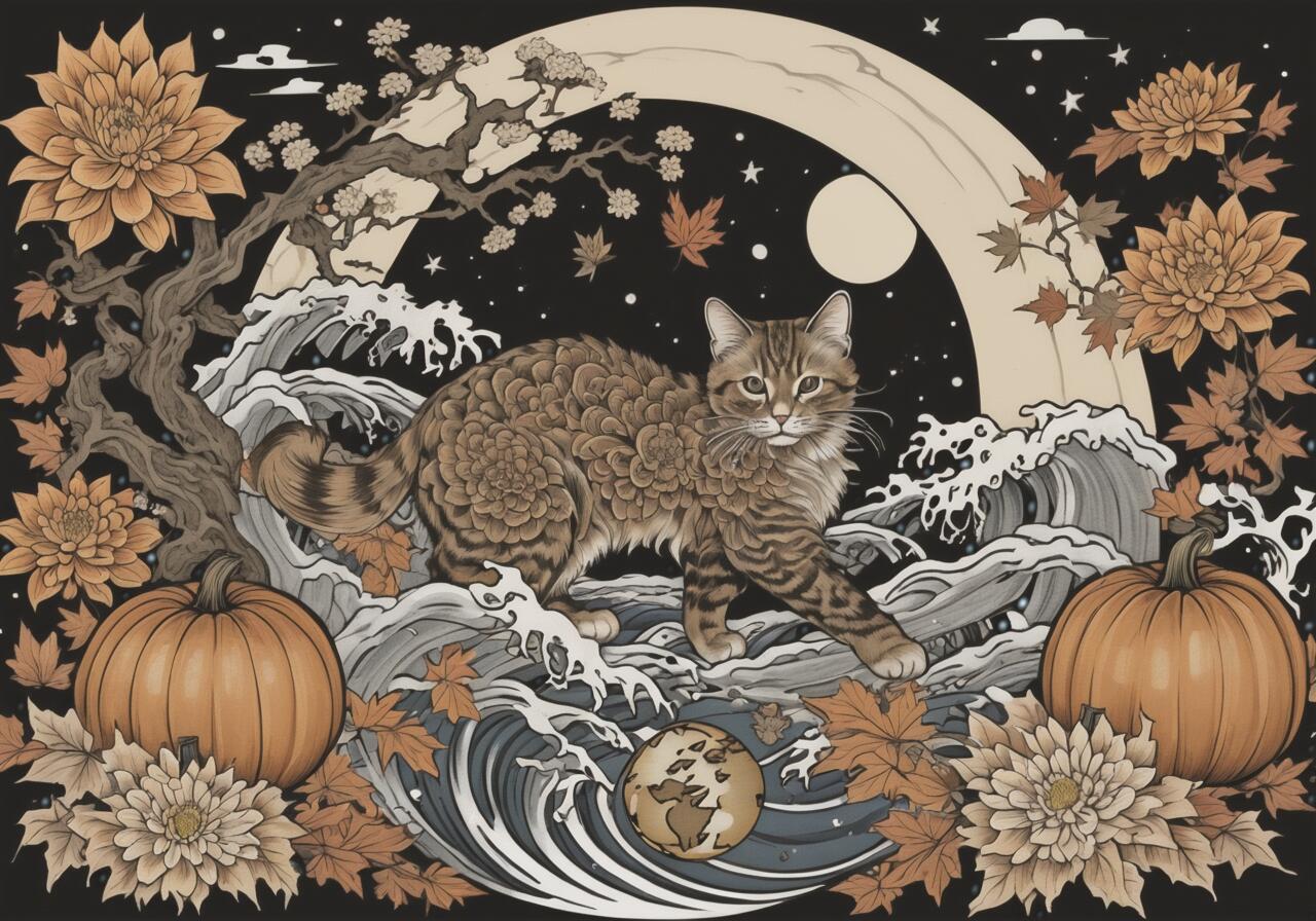 猫 ネコ 秋 花 カボチャ タペストリー 和風 和柄 入れ墨風 浮世絵風 ハロウィン インテリア 大きい 撮影背景 壁掛け 大判 長方形 壁布 ベージュ オレンジ グレー