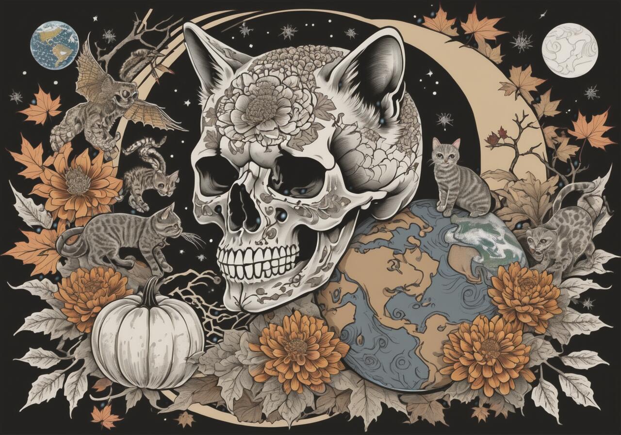 猫 髑髏 地球 花 カボチャ タペストリー 和風 和柄 入れ墨風 浮世絵風 ハロウィン インテリア 大きい 撮影背景 壁掛け 大判 長方形 壁布 黒 白 グレー