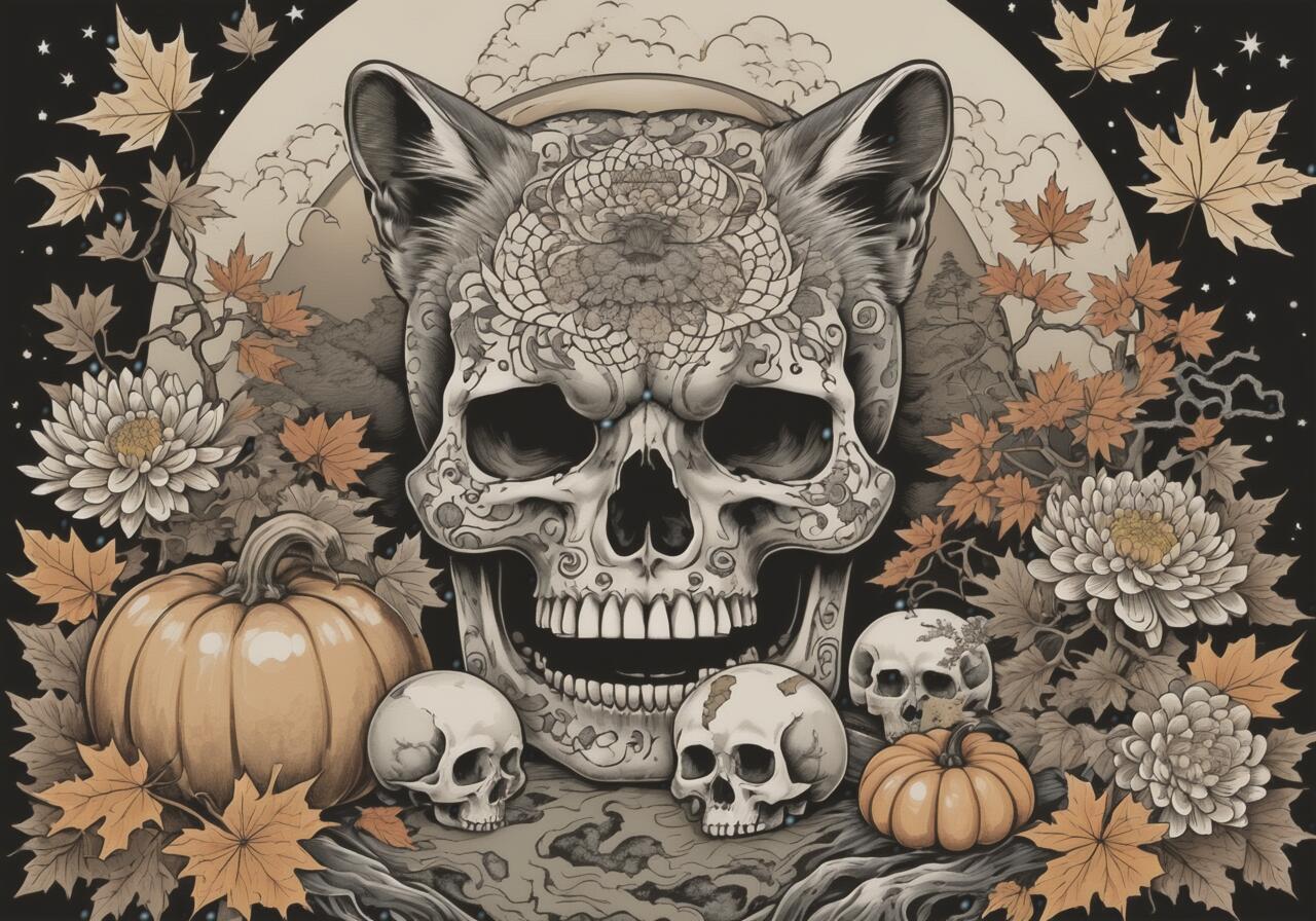 ハロウィン スカル カボチャ 花 紅葉 タペストリー 和風 和柄 入れ墨風 浮世絵風 インテリア 大きい 撮影背景 壁掛け 大判 長方形 壁布 白 ベージュ オレンジ