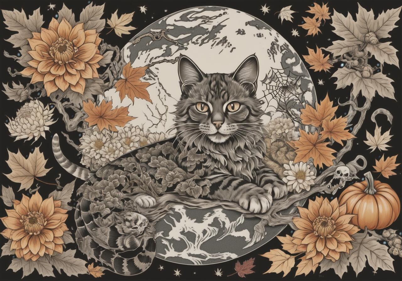 猫 月 花 蛇 カボチャ タペストリー 和風 和柄 入れ墨風 浮世絵風 ハロウィン インテリア 大きい 撮影背景 壁掛け 大判 長方形 壁布 グレー オレンジ ベージュ