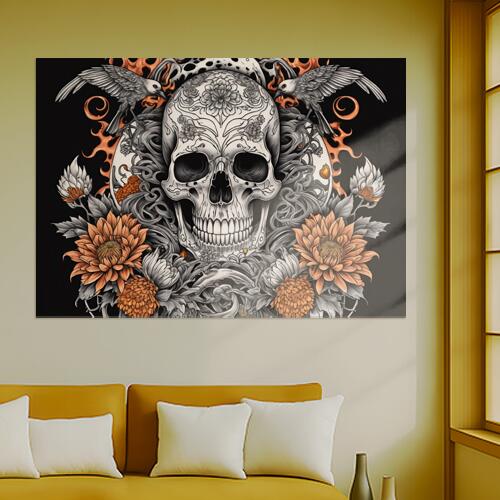 頭蓋骨 花 鳥 死 メキシコ タペストリー 和風 和柄 ハロウィン ホラー ゴシック 日本画風 浮世絵風 インテリア 大きい 撮影背景 壁掛け 大判 長方形 壁布 白 黒 オレンジ