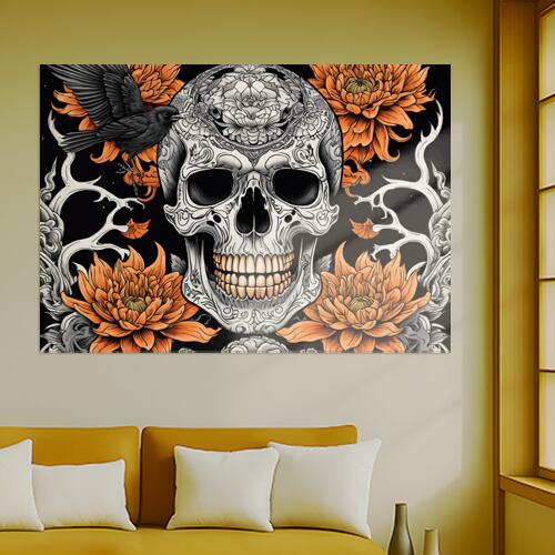 髑髏 花 カラス 死 タトゥー タペストリー 和風 和柄 ハロウィン ホラー ゴシック 日本画風 浮世絵風 インテリア 大きい 撮影背景 壁掛け 大判 長方形 壁布 黒 白 オレンジ
