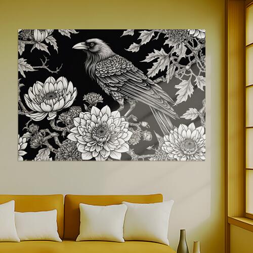 カラス 花 菊 植物 鳥 タペストリー 和風 和柄 ハロウィン ホラー ゴシック 日本画風 浮世絵風 インテリア 大きい 撮影背景 壁掛け 大判 長方形 壁布 白 黒 グレー