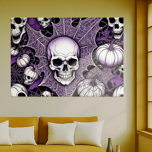 骸骨 ドクロ カボチャ クモの巣 コウモリ タペストリー 和風 和柄 ハロウィン ホラー ゴシック 日本画風 浮世絵風 インテリア 大きい 撮影背景 壁掛け 大判 長方形 壁布 白 紫 黒