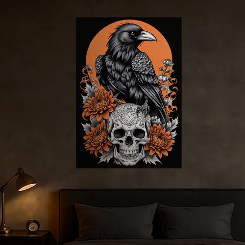 カラス 頭蓋骨 花 月 タトゥー タペストリー 和風 和柄 ハロウィン ホラー ゴシック 日本画風 浮世絵風 インテリア 大きい 撮影背景 壁掛け 大判 長方形 壁布 黒 白 グレー