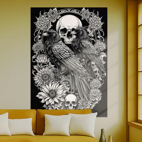 カラス 頭蓋骨 花 死 ゴシック タペストリー 和風 和柄 ハロウィン ホラー 日本画風 浮世絵風 インテリア 大きい 撮影背景 壁掛け 大判 長方形 壁布 黒 白 グレー