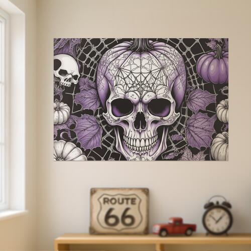 頭蓋骨 カボチャ ハロウィン 葉 蜘蛛の巣 タペストリー 和風 和柄 ホラー ゴシック 日本画風 浮世絵風 インテリア 大きい 撮影背景 壁掛け 大判 長方形 壁布 紫 白 黒