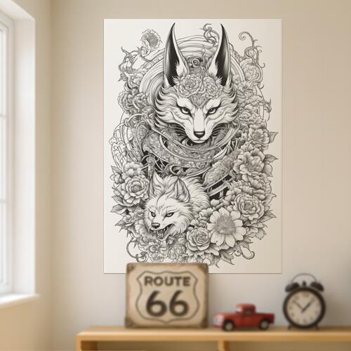 狐 花 牡丹 和柄 タトゥー タペストリー 和風 ハロウィン ホラー ゴシック 日本画風 浮世絵風 インテリア 大きい 撮影背景 壁掛け 大判 長方形 壁布 白 黒 グレー