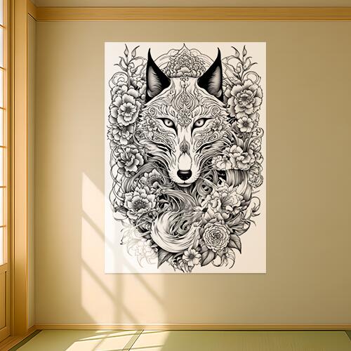 狐 キツネ 花 植物 アート タペストリー 和風 和柄 ハロウィン ホラー ゴシック 日本画風 浮世絵風 インテリア 大きい 撮影背景 壁掛け 大判 長方形 壁布 白 黒 グレー