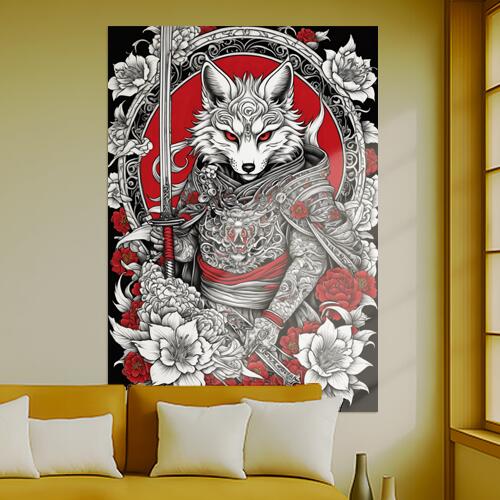 狐 武士 刀 花 鎧 タペストリー 和風 和柄 ハロウィン ホラー ゴシック 日本画風 浮世絵風 インテリア 大きい 撮影背景 壁掛け 大判 長方形 壁布 白 赤 黒