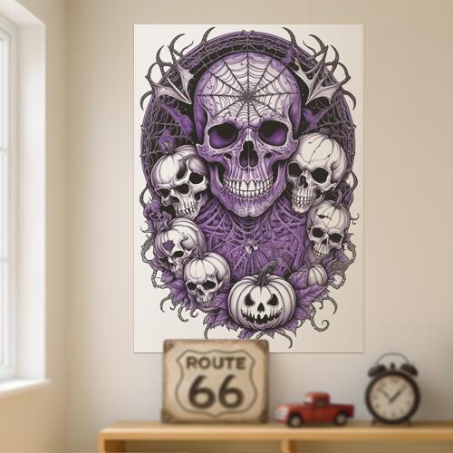 ハロウィン スカル カボチャ 蜘蛛の巣 ホラー タペストリー 和風 和柄 ゴシック 日本画風 浮世絵風 インテリア 大きい 撮影背景 壁掛け 大判 長方形 壁布 紫 白 グレー