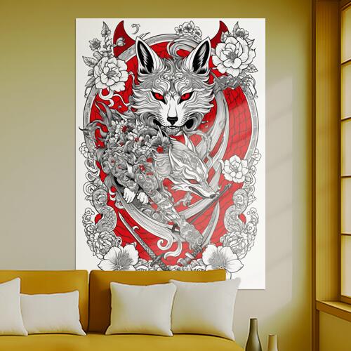 狐 花 刀 和風 模様 タペストリー 和柄 ハロウィン ホラー ゴシック 日本画風 浮世絵風 インテリア 大きい 撮影背景 壁掛け 大判 長方形 壁布 白 グレー 赤