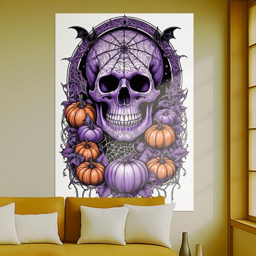 ハロウィン スカル カボチャ コウモリ クモの巣 タペストリー 和風 和柄 ホラー ゴシック 日本画風 浮世絵風 インテリア 大きい 撮影背景 壁掛け 大判 長方形 壁布 紫 オレンジ