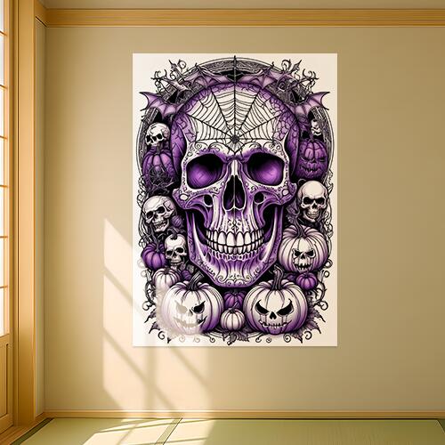 ハロウィン スカル カボチャ クモの巣 コウモリ タペストリー 和風 和柄 ホラー ゴシック 日本画風 浮世絵風 インテリア 大きい 撮影背景 壁掛け 大判 長方形 壁布 紫 白 黒
