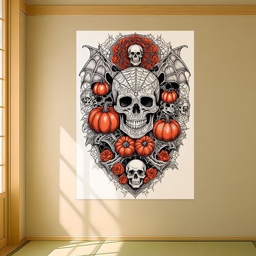 頭蓋骨 カボチャ バラ コウモリ クモの巣 タペストリー 和風 和柄 ハロウィン ホラー ゴシック 日本画風 浮世絵風 インテリア 大きい 撮影背景 壁掛け 大判 長方形 壁布 白 グレー オレンジ