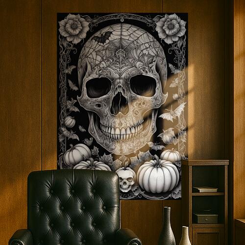 骸骨 カボチャ コウモリ 花 スパイダーウェブ タペストリー 和風 和柄 ハロウィン ホラー ゴシック 日本画風 浮世絵風 インテリア 大きい 撮影背景 壁掛け 大判 長方形 壁布 白 黒 グレー