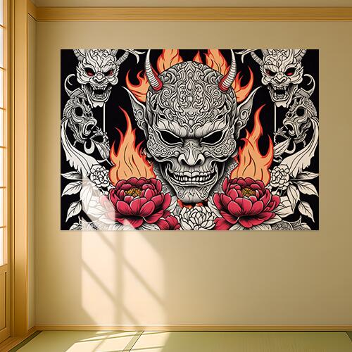 鬼 般若 花 炎 和柄 タペストリー 和風 ハロウィン ホラー ゴシック 日本画風 浮世絵風 インテリア 大きい 撮影背景 壁掛け 大判 長方形 壁布 白 黒 赤