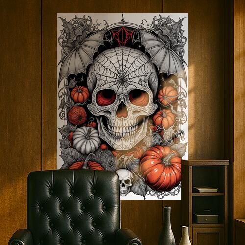骸骨 カボチャ コウモリ ハロウィン スパイダーウェブ タペストリー 和風 和柄 ホラー ゴシック 日本画風 浮世絵風 インテリア 大きい 撮影背景 壁掛け 大判 長方形 壁布 白 グレー 赤