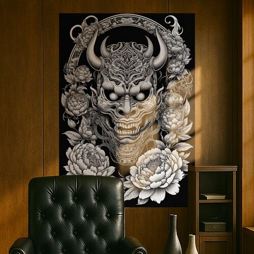 鬼 花 角 牡丹 和柄 タペストリー 和風 ハロウィン ホラー ゴシック 日本画風 浮世絵風 インテリア 大きい 撮影背景 壁掛け 大判 長方形 壁布 白 黒 グレー