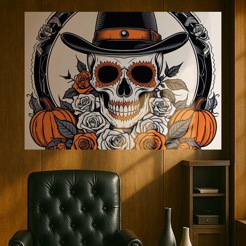 骸骨 帽子 バラ カボチャ 死者の日 タペストリー 和風 和柄 ハロウィン ホラー ゴシック 日本画風 浮世絵風 インテリア 大きい 撮影背景 壁掛け 大判 長方形 壁布 白 黒 オレンジ