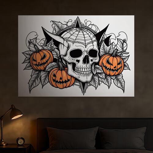 ハロウィン スカル カボチャ 葉 タトゥー タペストリー 和風 和柄 ホラー ゴシック 日本画風 浮世絵風 インテリア 大きい 撮影背景 壁掛け 大判 長方形 壁布 白 黒 オレンジ