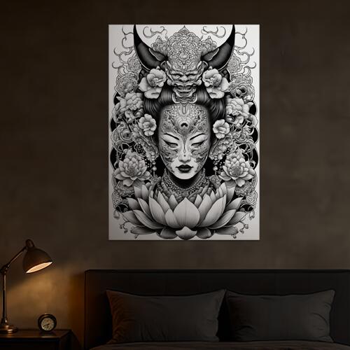 鬼 花 女性 蓮 アート タペストリー 和風 和柄 ハロウィン ホラー ゴシック 日本画風 浮世絵風 インテリア 大きい 撮影背景 壁掛け 大判 長方形 壁布 白 黒 グレー