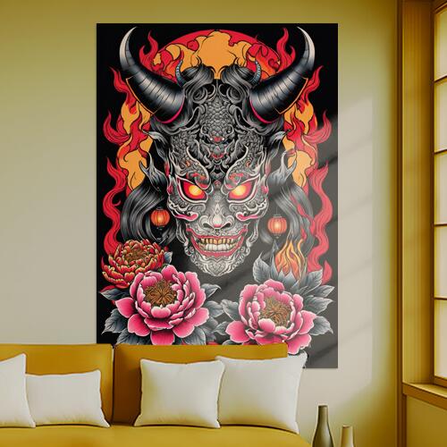 鬼 般若 花 提灯 炎 タペストリー 和風 和柄 ハロウィン ホラー ゴシック 日本画風 浮世絵風 インテリア 大きい 撮影背景 壁掛け 大判 長方形 壁布 黒 赤 ピンク