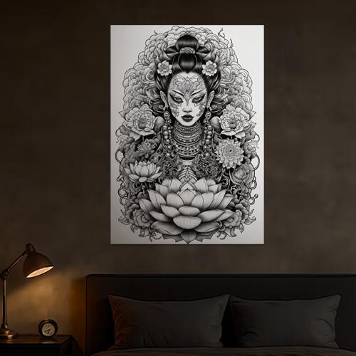 仏像 蓮 花 曼荼羅 線画 タペストリー 和風 和柄 ハロウィン ホラー ゴシック 日本画風 浮世絵風 イン..