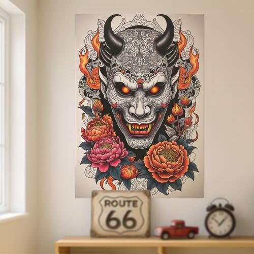 鬼 花 炎 角 タトゥー タペストリー 和風 和柄 ハロウィン ホラー ゴシック 日本画風 浮世絵風 インテリア 大きい 撮影背景 壁掛け 大判 長方形 壁布 白 黒 赤