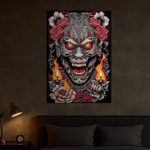 鬼 花 炎 ろうそく タトゥー タペストリー 和風 和柄 ハロウィン ホラー ゴシック 日本画風 浮世絵風 インテリア 大きい 撮影背景 壁掛け 大判 長方形 壁布 白 グレー 赤