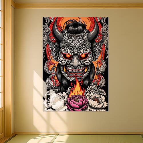 鬼 般若 花 炎 角 タペストリー 和風 和柄 ハロウィン ホラー ゴシック 日本画風 浮世絵風 インテリア ..