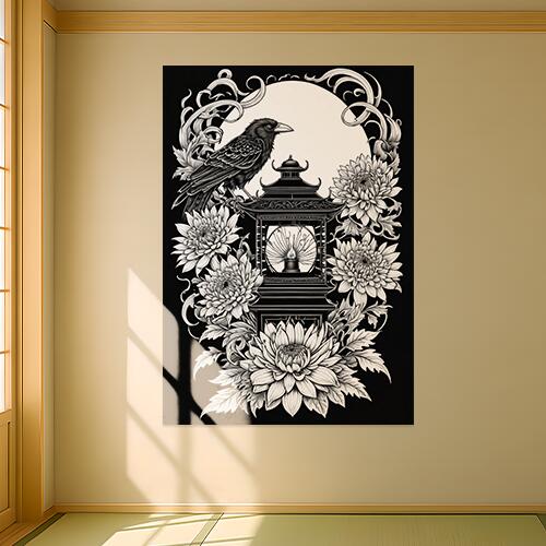 カラス 灯籠 菊 月 和風 タペストリー 和柄 ハロウィン ホラー ゴシック 日本画風 浮世絵風 インテリア 大きい 撮影背景 壁掛け 大判 長方形 壁布 黒 白 グレー
