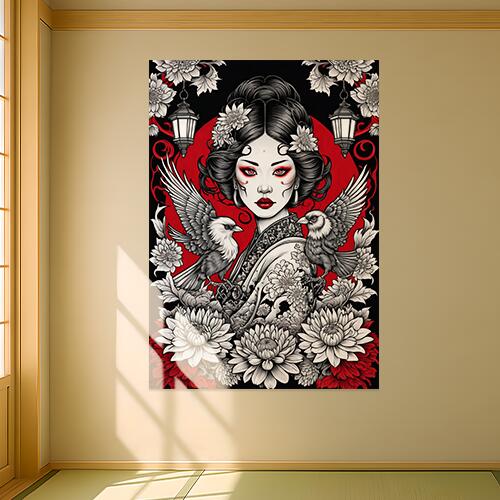 芸者 鳥 花 提灯 着物 タペストリー 和風 和柄 ハロウィン ホラー ゴシック 日本画風 浮世絵風 インテ..