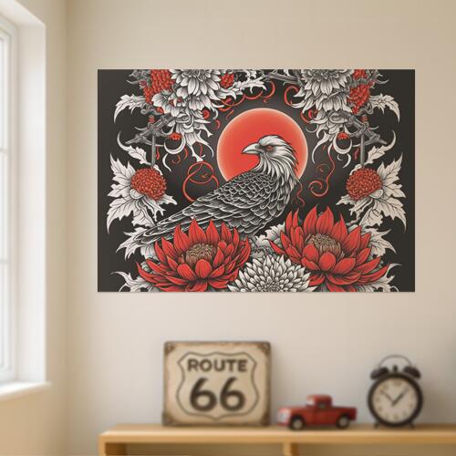 鳥 花 菊 銃 月 タペストリー 和風 和柄 ハロウィン ホラー ゴシック 日本画風 浮世絵風 インテリア 大きい 撮影背景 壁掛け 大判 長方形 壁布 黒 白 赤